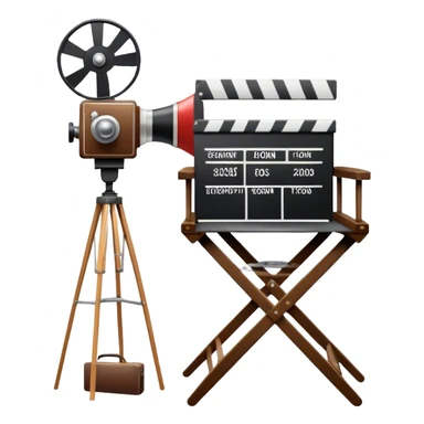 Icon for Directing: a director's chair, a film clapperboard, large movie camera, vintage megaphone and a stage with a spotlight. The icon should represent the creative and organizational aspects of directing, with focus on storytelling, staging, and performance. Transparent background. sticker