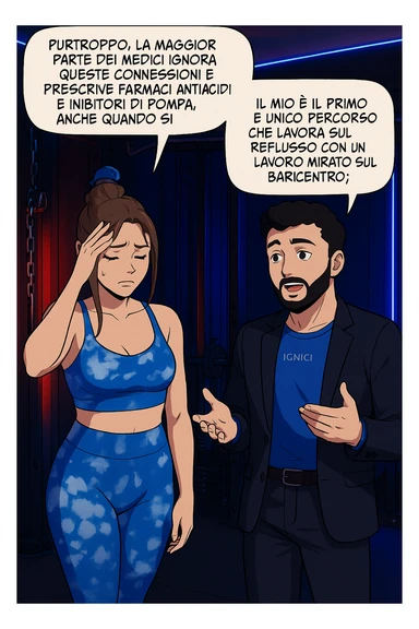 TRASFORMA QUESTO CAROSELLO IN UN FUMETTO STILE WEBTOON/MANGA A COLORI CON QUESTE DUE PERSONE IDENTICHE CHE INTERLOQUISCONO TRA LORO, L'uomo sta spiegando alla donna questo concetto MENTRE LA DONNA SI TIENE la mano sulla fronte sconcertata:

LUI (UOMO): Purtroppo, la maggior parte dei medici ignora queste connessioni e prescrive farmaci antiacidi e inibitori di pompa, anche quando si potrebbero evitare.
Il mio è il primo e unico percorso che lavora sul reflusso con un lavoro mirato sul baricentro; sticker