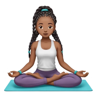 A dark-skinned Black woman with long box braids, sitting cross-legged on a yoga mat, eyes closed, hands on knees, wearing a fitted yoga set. sticker