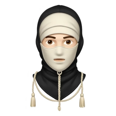 Deconstructed off-white balaclava with frayed layers, rope tassels, subtle embroidery. Studio photo, white bg, soft light. Streetwear luxury style.
 sticker