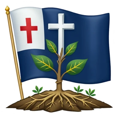a flag with a Navy blue background with a white cross in the center, roots coming down from the bottom of the cross, a green leaf in the top right corner of the flag, and a slightly dark yellow star rising from behind the cross. sticker