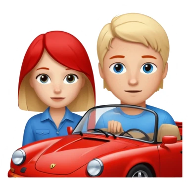 crea un emoji que sea una pareja, una chica rubia con pecas en la cara & los ojos azules & un chico con el pelo negro lindo con ojos cafés que haya un porsche rojo  sticker