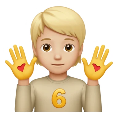 A kid with blonde icecream hair with two hands that are doing this 🫴 and flipped on the other side then have this emoji on the left hand 6️⃣ and this emoji in the other hand7️⃣ replace the ice cream with the numbers 6 and 7 sticker