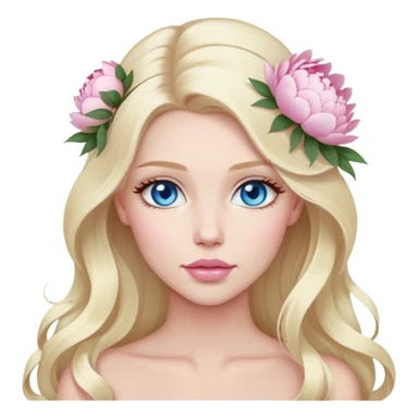 White bride with long light blonde hair and blue eyes with light pink peonies in hair white skin light pink lips sticker
