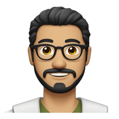 Arabic man, very short black hair, round hipster glasses, dark beard and mustache, round-ish face, brown eyes, beautiful smile, samurai sticker