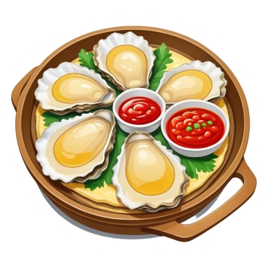 Fujian oyster omelette with red sauce, simplified emoji style with bold outlines and bright colors, cartoon style Xiamen street food sticker