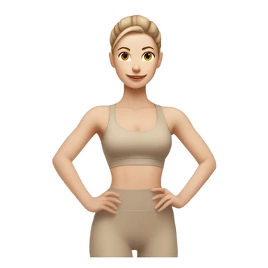 Pale skinned fit women in a beige tight yoga suit and wristbands with brown hair in a bun doing yoga sticker