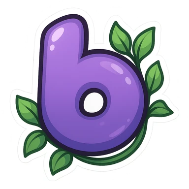 plump vibrant Boosty logo cartoon style purple b without lightning bolt cutout bold outline expressive shadows glossy highlights no background leafy vine wrapping around logo sticker