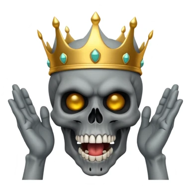 Demonic 3D skull holding its head by its two hand in shock, mouth open, wearing a golden crown, dark horror vibe sticker