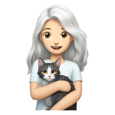 A girl with white hair holds a Maine coon cat in her arms sticker