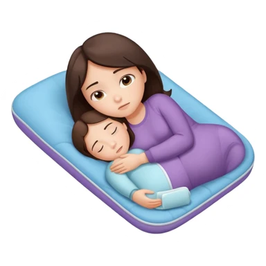  a brunette girl lying down on her side, holding a warm heating pad against her lower belly. She's uncomfortable and sad, her posture should show she’s having bellyache. Use simple lines, rounded shapes, soft colors, and a clean emoji aesthetic. Make it expressive but still adorable sticker