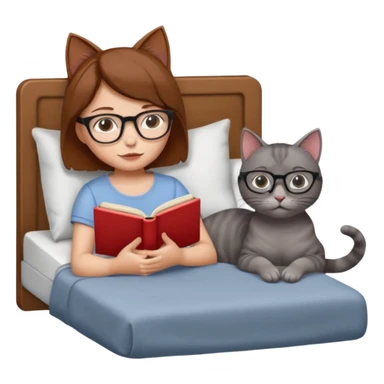 A girl is lying in bed. She has short chestnut hair styled neatly, is wearing glasses, and is reading a book. A grey cat is lying on her legs. The girl has no headband or ears, and the cat is not wearing glasses. sticker
