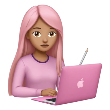 Mujer lacia peli larga y peli larga  en una MacBook rosa investigando y haciendo tareas con un libro de apuntes y con cara muy linda como modelo sticker
