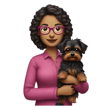40 years old woman with dark brown long hair ,slidly curly wearing glasses with a dark pink frames  holding a yorkie dog sticker
