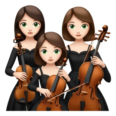 Create an imagine of three brunette women playing string instruments in black dresses, the first is playing a cello with blue eyes, the second is playing a viola with hazel eyes and the third is playing the violin with green eyes sticker