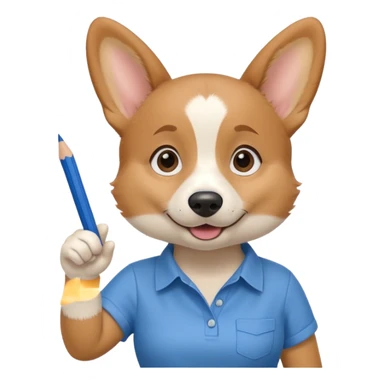 perrita caricatura gorgi gales trabajadora con camiseta celeste apuntando con un lapiz hacia el costado izquierdo sticker