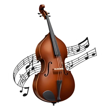 Create an elegant and detailed emoji representing a Gliga Gama double bass with bow. The design should showcase the large, sleek body of the double bass with its rich wood finish, including the characteristic curves and deep tone holes. The bow should be elegantly positioned next to the instrument, highlighting the hair and smooth wooden stick. Use warm wood tones like chestnut brown for the body of the bass, silver accents for the fittings, and dark brown for the bow. Add subtle musical notes or sound waves flowing from the bass to represent its deep, resonant sound. The background should be transparent. sticker