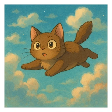flying cat with expressive eyes in a dreamy sky background in ghibli style sticker