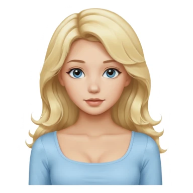 pretty girl blonde soft wavy long hair middle part makeup light baby blue skin tight square neckline long sleeve top sticker