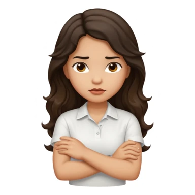 Hispanic light tan girl with long dark wavy hair with arms folded and slightly pouting sticker