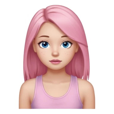 Create a TEENAGE girl with LONG and straight light brunette hair with a middle part, light skin, light freckles, and blue-gray eyes. She will have pink lips and LONG eyelashes. She will be wearing a light pink tank top sticker