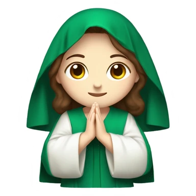 Serene and kind face pale skin with with brown hair. Wearing an emerald green  robe and white veil. Hands in prayer or blessing. Halo around her head. Often standing on a crescent moon.  sticker