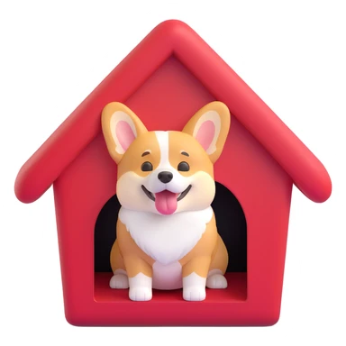Refine the corgi in the doghouse so its fur, shading, and overall texture exactly match the original 3D emoji style—smooth, slightly glossy, and realistic, with the same lighting and material feel as the original dog. Keep the red house and pose unchanged. sticker