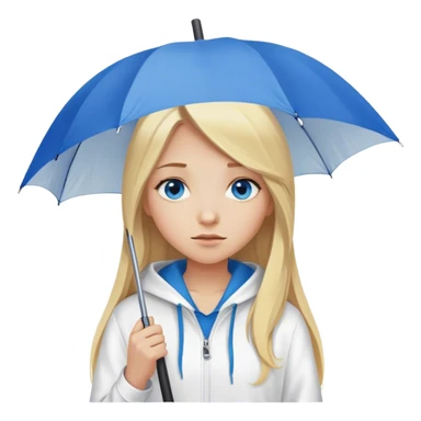 Cinematic realistic emojis in the form of a blonde girl with long hair, blue eyes, wearing a white hoodie, holding an umbrella over her sticker