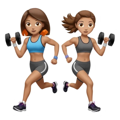two women. the left one is running. the right one is lifting weights. they have brown hair, light skin, hazel eyes. sticker