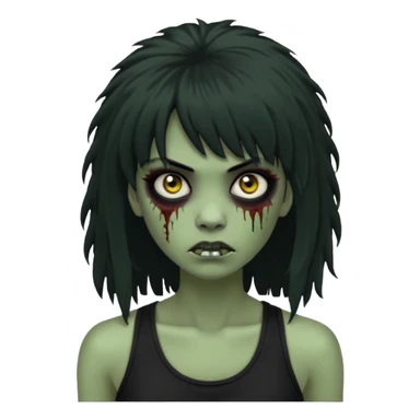 a female zombie with sage green skin, black long afro hair with bangs, and a black tank top  sticker