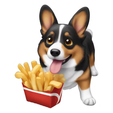 Black corgi with one floppy ear eating a french fry sticker