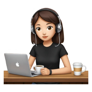 A Korean girl at a dive bar with a laptop and headphones on holding a cup of coffee sticker