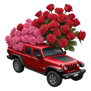 Realistic Red Jeep Gladiator with the truck bed full of different shades of red and pink roses. sticker