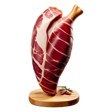 _cinematic-realistic-spanish-ham-leg,-depicted-as-a-massive,-cured-leg-of-jamón-serrano-(ham)-with-a-deep-reddish-brown-hue on the outside,-intricately-marbled-and-slightly-glossy-with-age,-elegantly-displayed-on-a-rustic-wooden-stand-and-bathed-in-warm - jamon prosciutto sticker