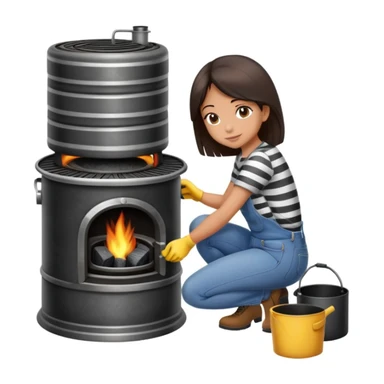 Metal cylindrical coal stove with a girl cleaning it while kneeling, seen from behind, wearing jeans and a striped shirt sticker