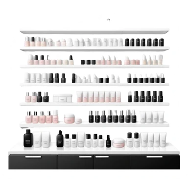 big beauty salon showcase with well-organized brand-labeled beauty products on a white shelves, monochrome sticker