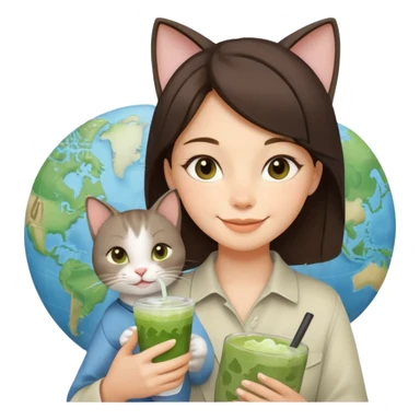 a brunette woman in here 30S drinking an iced matcha, carrying a grey cat and a map of the world sticker