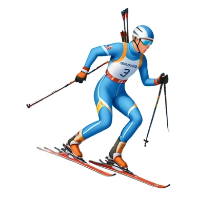 An icon featuring a biathlete in motion, holding a rifle and skiing across a snowy course. The backdrop includes snow-covered trees, distant mountains, and a clear blue sky. Transparent background highlights the precision, endurance, and excitement of biathlon. sticker
