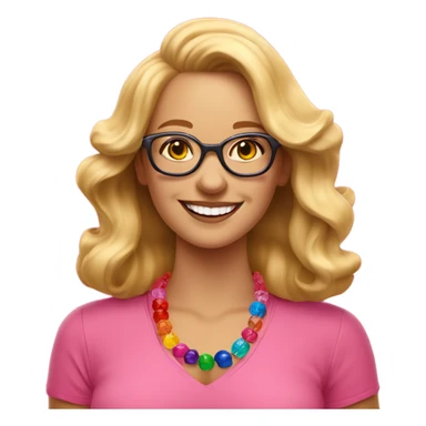  cheerful woman with wavy blonde hair and glasses, wearing a pink shirt and colorful beaded necklace, smiling brightly against a vibrant red background." sticker