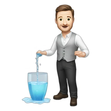 tim robinson dark black slicked back hair white long sleeve shirt with a light grey vest pouring water on a steak sticker