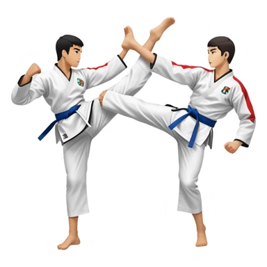 Two taekwondo fighters in a competition arena, one performing a high spinning kick towards the opponent’s head, while the other blocks with a precise guard. The background features a dynamic, bright arena with flags, emphasizing speed and agility in the martial art. Transparent background  sticker