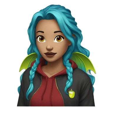 Lady with brunette and iridescent blue hair, gold, lime green dragon wings, maroon hoodie, 420, black and gold Nike t shirt, and bright red eyes sticker