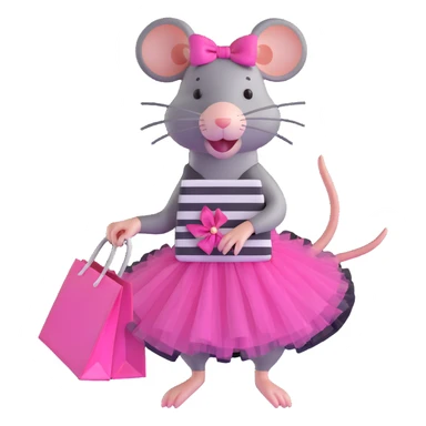 rat with a pink dress and tutu holding a black and white striped shopping bag sticker