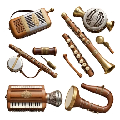 Create a colorful and cultural humanless emoji representing folk singing. The design should feature a collage of flowing design around a vintage microphone and traditional folk instruments, such as a wooden flute (dudka), a button accordion (harmon), a set of gusli, and a tambourine (buben), all arranged in a harmonious. The instruments should have earthy, natural tones like wood browns, brass accents, and vibrant colors reflecting their folk origins. Add subtle musical notes to tie the elements together, symbolizing the power of folk music. The background should be transparent. sticker