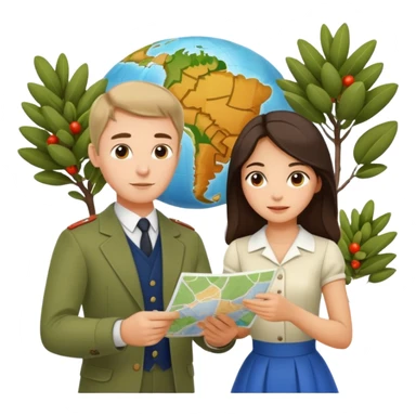 Russian man and elegant spanish girl in cute outfits with a map planning plants sticker