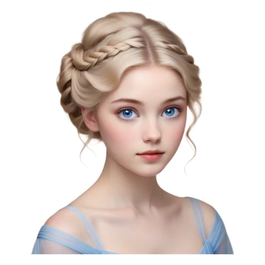 Cinematic Realistic Cinderella Portrait, depicted with lifelike skin texture, subtle rosy undertones, and soft natural lighting that enhances the gentle contours of her face. Her intricately detailed golden blonde hair is elegantly styled in an updo, with delicate wisps framing her face for added realism. Her deep, expressive blue eyes radiate warmth and sincerity, reflecting a quiet resilience and grace. She is dressed in her iconic ball gown, the fabric shimmering with intricate embroidery and fine translucent layers that catch the light beautifully. The soft sheen of satin gloves and the delicate sparkle of a glass-like slipper peeking from beneath her dress add a touch of magical realism. The portrait features an enchanting glow with a natural, luminous finish, seamlessly blending realism and fairytale charm to evoke a sense of depth, elegance, and timeless beauty. sticker