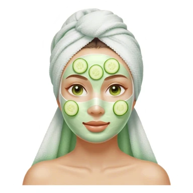 "Aesthetic digital emoji of a young woman with a white towel wrap, green facial mask, and cucumber slices over her eyes, with a soft glow and subtle shading, pastel spa background." sticker