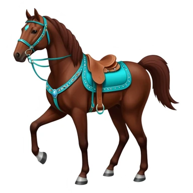 Dark chestnut horse with turquoise western tack full body standing still sticker