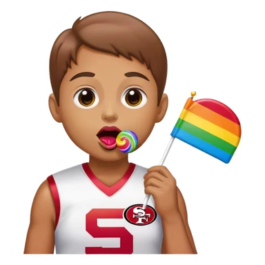 Gay pride 49ers fan licking rainbow lollipop and holding rainbow flag sticker