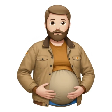 Bearded man rubbing pregnant belly poking out of shirt wearing a tan canvas carhartt jacket sticker